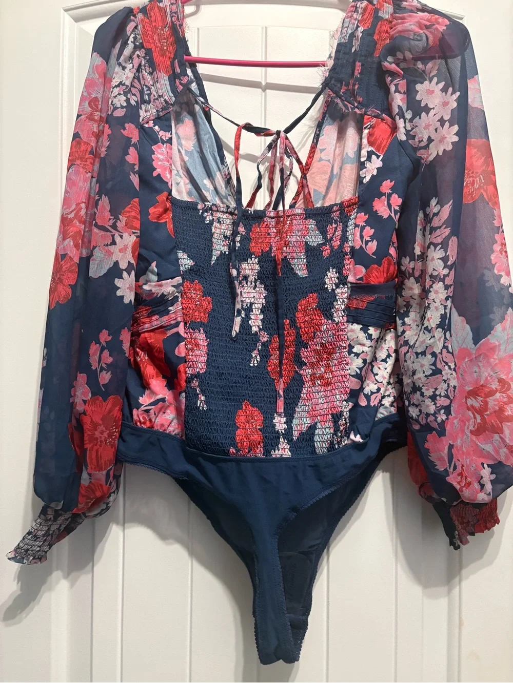 Free people Floral Long-Sleeve V-Neck Bodysuit - Navy and Pink